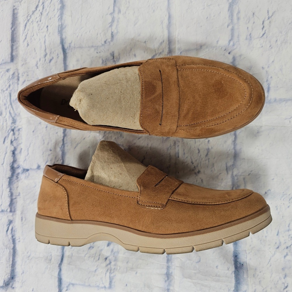 Dr Scholls Nice Day Penny Loafer Women 7.5 Tan Faux Suede Lug Sole Slip On Shoes